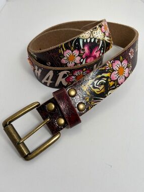 Ed Hardy By Christian Audigier Y2K Tiger Floral Leather Belt Size Large